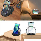 Wireless charging stand with iPhone placed vertically and horizontally on wooden tables in cozy indoor settings