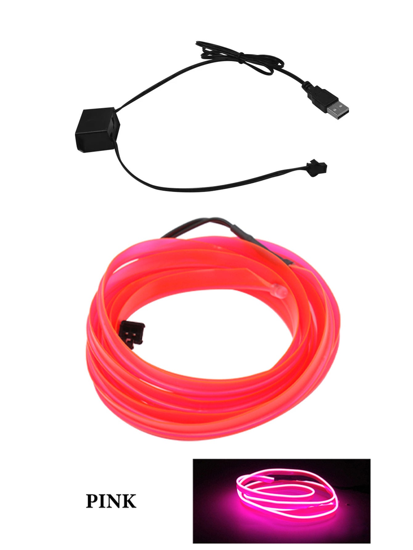 Pink LED neon light strip with USB power cable and connector plugged in