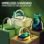 Modern wireless charger 15W with night light and phone holder in various colors charging smartphones