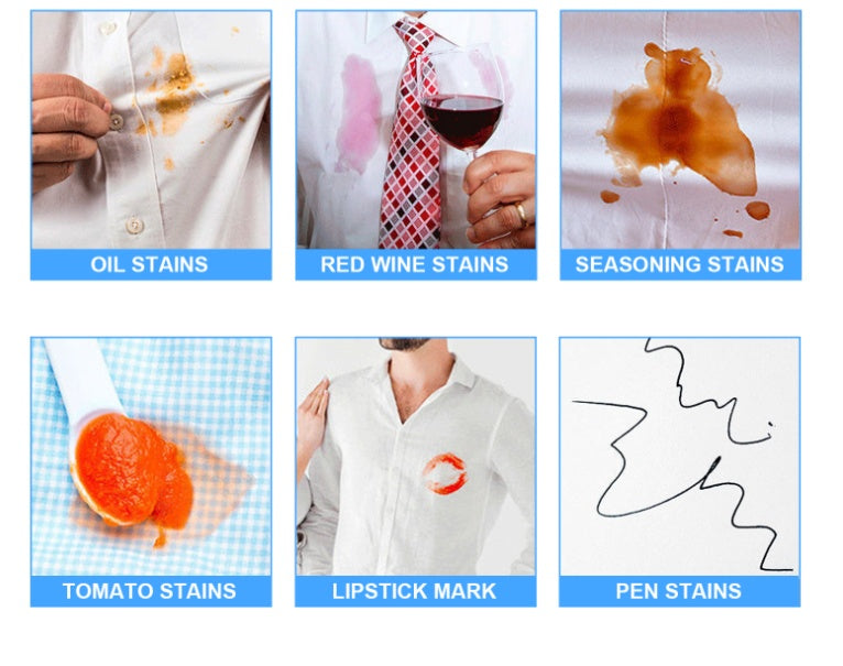 Six examples of common clothing stains: oil, red wine, seasoning, tomato, lipstick mark, and pen stains on white and checkered fabric