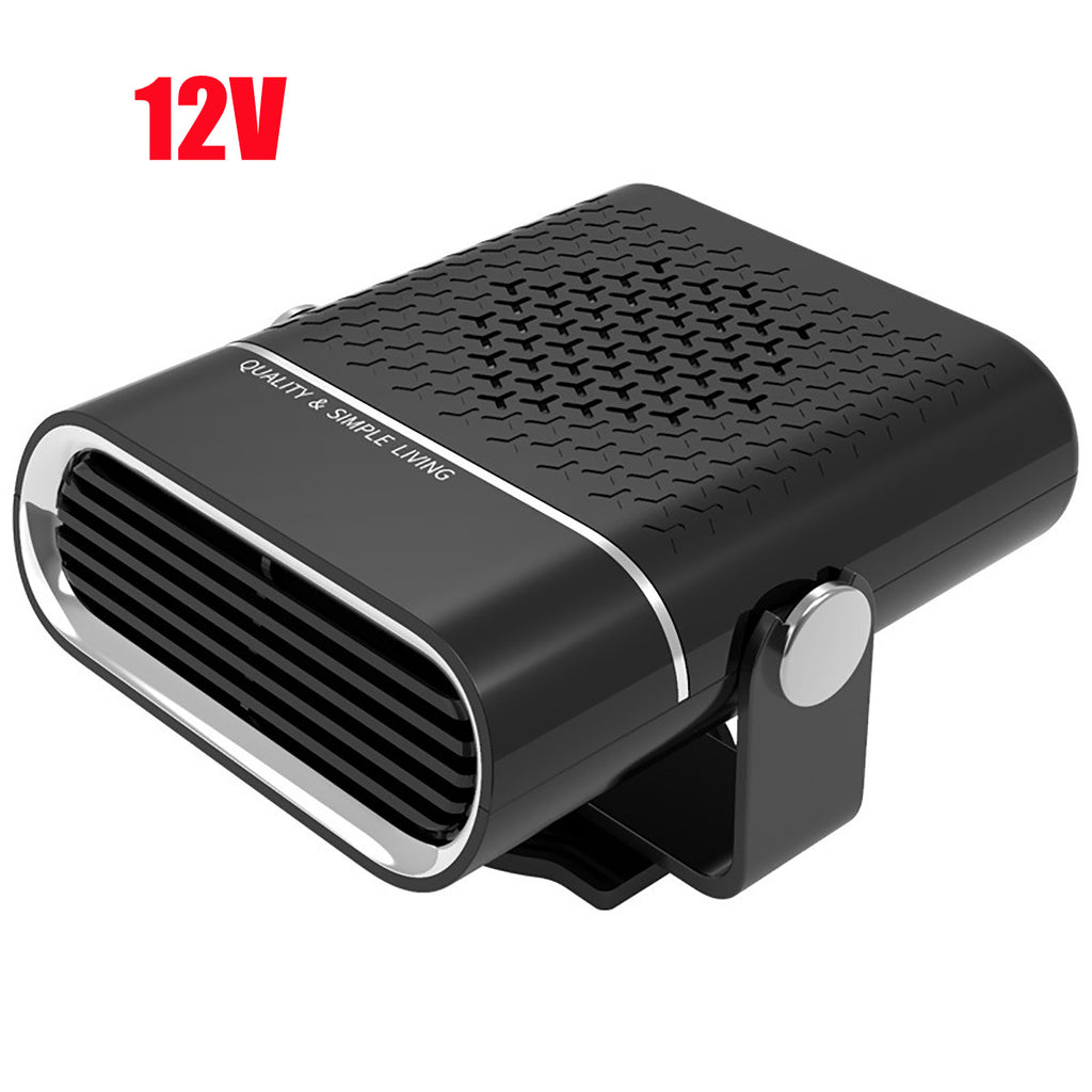 Black 12V portable car heater with vent grille and stand mount, marked Quality & Simple Living