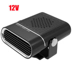 Black 12V portable car heater with vent grille and stand mount, marked Quality & Simple Living