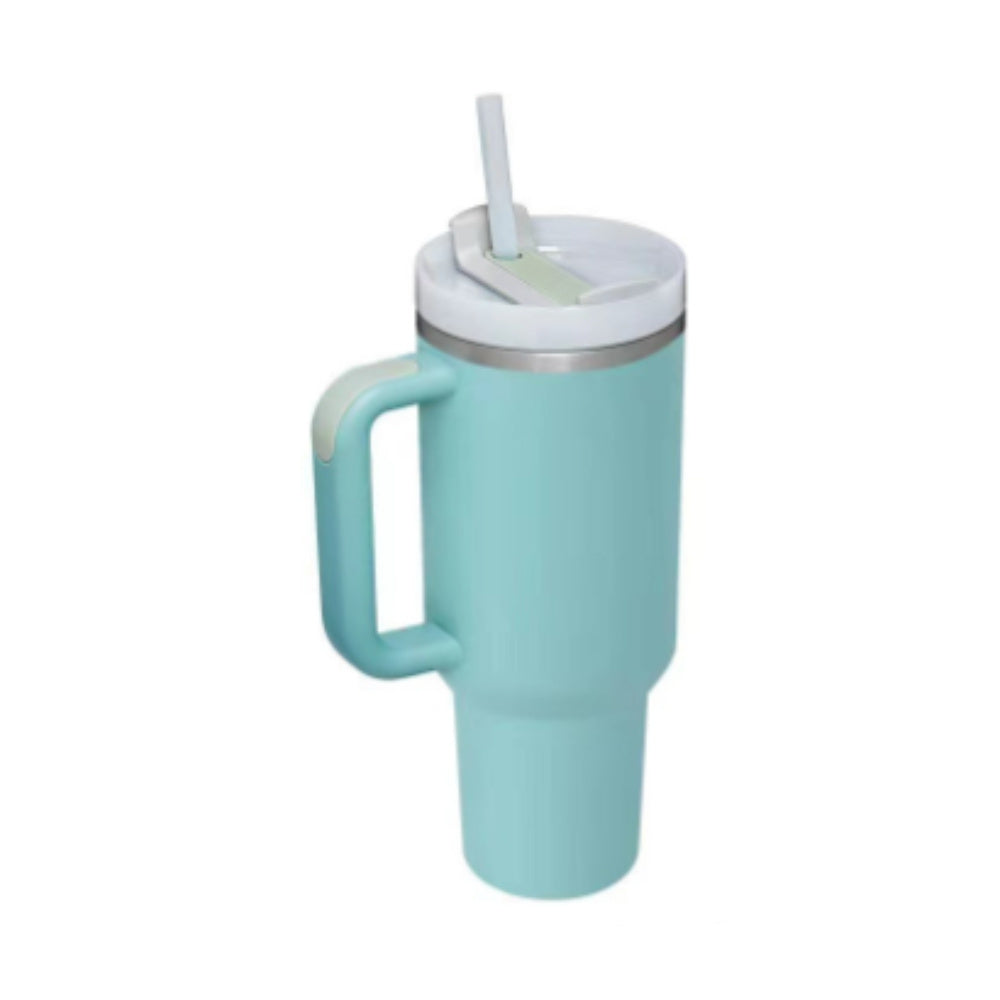 Light blue insulated travel mug with handle, white lid and straw on white background