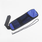 Blue and black mesh archery arm guard with adjustable strap and black cords on white background