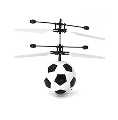 Mini flying drone shaped like a black and white soccer ball with dual rotors