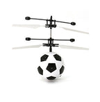 Mini flying drone shaped like a black and white soccer ball with dual rotors