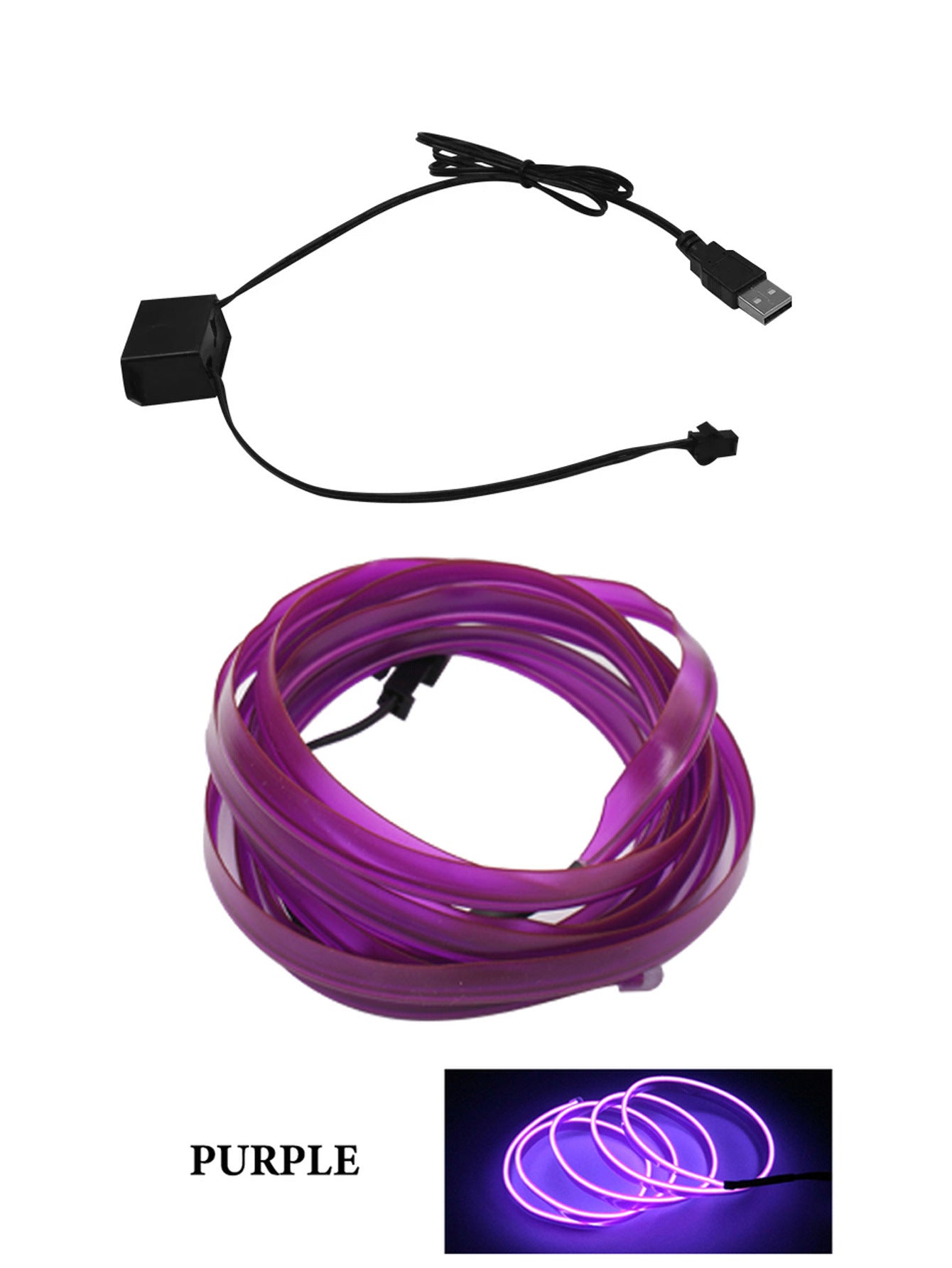 Purple USB-powered LED neon strip light with controller and connector cable