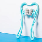 Blue handheld muscle roller with gray textured massage wheels on white and blue background