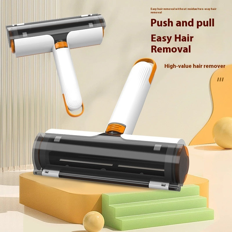 Two white and orange pet hair removers with black rollers on a beige and green stepped platform