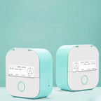 Compact portable label printers with turquoise and white casing printing math problem labels