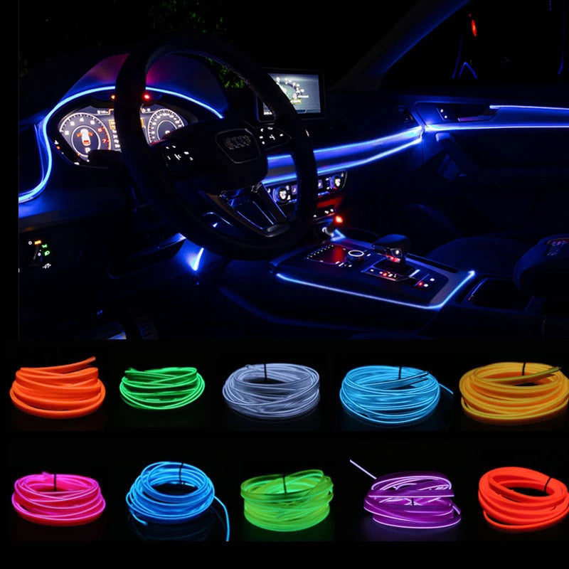 Car interior illuminated with blue LED ambient lighting and colorful EL wire coils in various colors below
