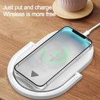 Smartphone wirelessly charging on sleek white wireless charger on wooden table with text 'Just put and charge Wireless is more free'